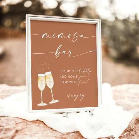 Minimalist Terracotta Mimosa Bar Sign Bridal Shower Mimosa Bar, Bridal Shower Mimosa, Wedding Signature Drinks, Mimosa Bar Sign, Champagne Bar, Boho Bridal Shower, Mimosa Bar, Wedding Drink, Bridal Shower Signs