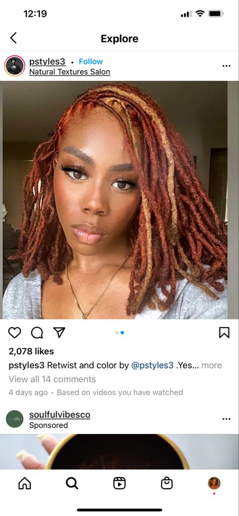 Loc Colour Ideas, Auburn Dreadlocks Black Women, 3 Tone Locs, Locs Fall Colors, Ginger Skunk Stripe Locs, Brown And Orange Locs, Red Ombre Locs Black Women, Auburn Hair Color Locs, Strawberry Blonde Locs Black Women