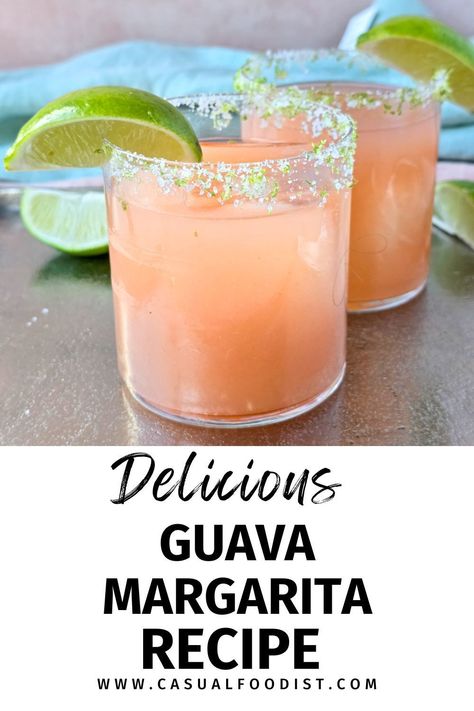 You've got to try this delicious guava margarita recipe, an easy and refreshing summer drink idea. Easy to make this guava margarita is a delicious tropical drink recipe perfect for summer. Guava Margaritas are easy to make and a great cocktail for any summer party including cookouts, July Fourth, pool parties and cinco de mayo. The best Guava Margarita recipe. www.casualfoodist.com Guava Margarita Recipe, Tropical Margarita Recipe, Guava Margarita, Guava Nectar, Tropical Drink Recipes, Passion Fruit Mojito, Easy Margarita Recipe, Yummy Summer Drinks, Coconut Margarita