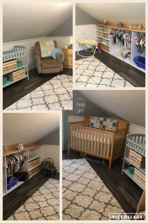 Nursery With Eaves, Attic Room Nursery Sloped Ceiling, Nursery Attic Room, Loft Nursery Ideas Small Spaces, Nursery Slanted Ceiling Attic Rooms, Slanted Walls Nursery, Attic Nursery Ideas, Sloped Ceiling Nursery Ideas, Attic Room Nursery