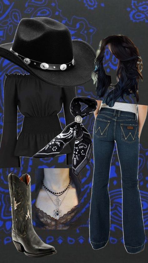 Gothic western outfit Emo Vaquera Outfit, Country Gothic Outfits, Witchy Cowgirl Outfits, Gothic Country Aesthetic Outfits, Emo Cowboy Outfit, Emo Country Outfits, Alt Country Aesthetic, Witchy Cowgirl Aesthetic, Gothic Cowgirl Outfit