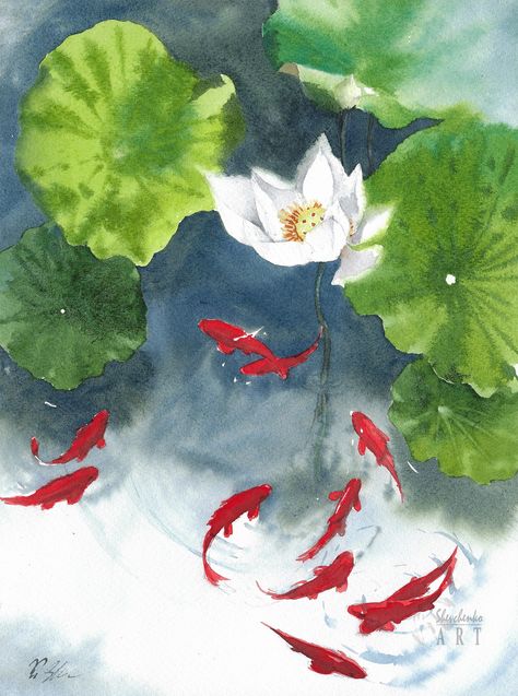 Koi Fish Pond Watercolor, Koi Watercolor Painting, Koi Fish In A Pond, Lily Pad Pond, Fish In A Pond, Flowers Lilly, Goldfish Watercolor, Pond Drawing, Master Watercolor