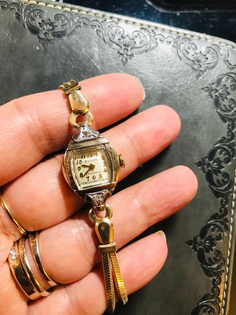 Year 1947(movement marked)  Bulova ~Excellency series A Fine Bulova Vintage Ladies watch (our ref M-29)   2 crown dainty real diamonds  21 rubies, (top precision movements of the time in 1947 & nowadays).  Perfect Dail ! perfect crystal ! perfect bracelet!  14kGold 1/20 filled bracelet(rare new old stock )  &10K gold filled case  Art Deco 1947 (movement hallmarked )  Oiled & Serviced - Winds and sets well and timekeeping Good(fit for daily wear just like great grandma ) Signed Movement, dial ,  case  Cosmetic condition: 98%new (minty )  Case size 20-22mm including winding button. Genuine antique- no rewrite of dail or mixed parts  Rare! Rare! Rare!  * For orders more than £500, ship by EMS/speedpost worldwide with no extra cost !  note : vintage watches / antique watches for more than 50 y Vintage Bulova Watches, Wristwatch Vintage, Art Deco Watch, Bulova Watches, Vintage Watches Women, Old Watches, Antique Watches, Old Jewelry, Women Wrist Watch