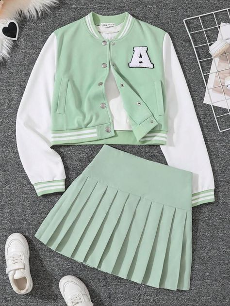 Clothes For Teens Girls Outfits, Mint Green Clothes, Mint Green Skirt, Mint Green Outfits, Mint Green Jacket, Mint Outfit, Cute Outfits With Shorts, Soft Girl Clothes, Cute Skirt Outfits