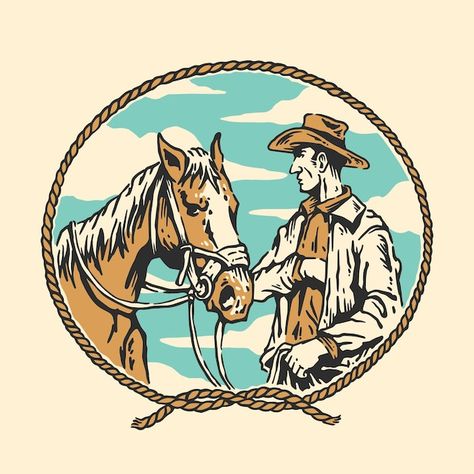 Cowboy Vector Illustration, Vintage Cowboy Art, Andrew Schulz, Cowboy Illustration, Western Illustration, Cowboy And Horse, Cowboy On Horse, Cowboy Valentines, Horse Clothing