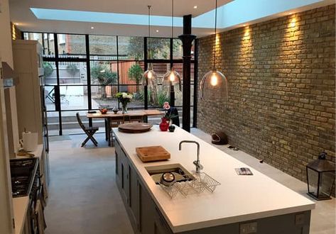 Victorian Terrace Kitchen, Polished Concrete Kitchen, Brick Wall Kitchen, Brick Feature Wall, Side Return Extension, Terrace Kitchen, Brick Interior Wall, Brick Interior, Side Return