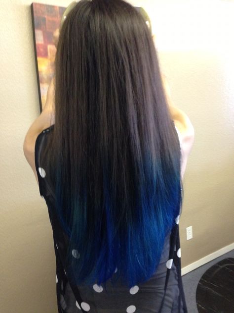 Miss my blue hair! I'm going to get it done like this again this summer!!! :) Dark Brown Hair With Blue Tips, Blue Hair At The Ends, Brown Hair Faded Into Blue, Hair Dipped Ends Blue, Blue Dip Dye Hair Brunette, Dark Blue Hair Almost Black, Blue Tips Hair, Blue Brown Hair, Blue Hair Highlights