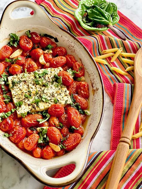 Inspired by the famous TikTok Pasta recipe, Baked Feta and Tomato Pasta is everything they said it would be. Creamy, rich feta cheese is baked to perfection with tomatoes and spices that's simply divine when mixed with penne pasta! #tiktokpasta #bakedfetapasta #fetaandtomatoes | QuicheMyGrits.com Feta And Tomato Pasta, Tomato And Feta Pasta, Recipe Quiche, Pasta With Feta Cheese, Pasta With Herbs, Tiktok Pasta, Macro Diet, Salad Appetizer Cups, Tomato And Feta