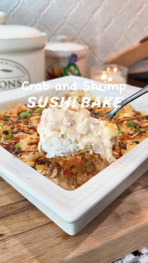 Crab and Shrimp Sushi Bake Shrimp Sushi Bake, Japanese Bbq Sauce, Crab Sushi, Blackened Chicken Recipe, Crab And Shrimp, Rice Seasoning, Japanese Bbq, Shrimp Sushi, Sushi Bake