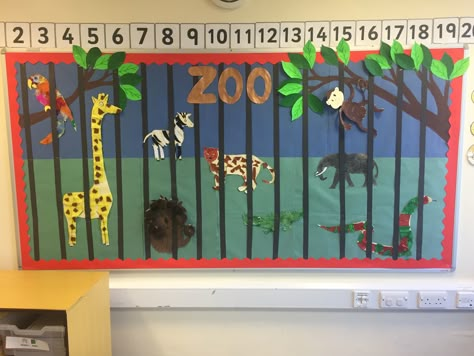 Zoo themed classroom display Animal Theme Display Board, Zoo Themed Bulletin Boards, Zoo Themed Classroom Ideas, Animal Theme Board For Preschool, Zoo Bulletin Board Ideas, Zoo Decorations Classroom, Zoo Bulletin Board Ideas Preschool, Zoo Theme Classroom, Zoo Theme Preschool