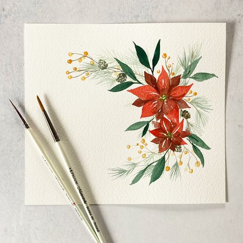 Poinsettia Flower Watercolor, Christmas Watercolor Florals, Christmas Flower Paintings, How To Paint A Poinsettia, Christmas Flowers Painting, Christmas Flowers Watercolor, Watercolor Pointsetta, Pointsetta Painting, Pointsetta Drawing