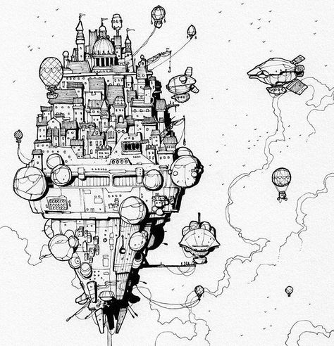 Wonderfully detailed #penandink #airship #illustration by an illustrator with the handle  @thisnorthernboy  on Instagram. Theres a really interesting #juxtaposition of #architectural and #technological styles in this #drawing  First you have the #steampunk style #dirigible and various #hotairballoon #flyingmachines. All of those #flyingships are docked or #flying around a #medieval style castle or is it a stacked #city? Or #skyscrapers? Whatever they are (besides really cool looking) they are th Map Ink Drawing, Medieval Style, Castle In The Sky, City Illustration, Steampunk Style, Landscape Drawings, Ink Sketch, Ink Illustrations, Pen Art