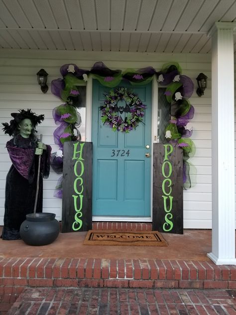 Halloween front porch decorations  Halloween witch decorations Hocus Pocus Halloween decor Diy Halloween Porch, Hocus Pocus Halloween Decor, Cheap Halloween Diy, Cheap Diy Halloween Decorations, Design Hall, Easy Diy Halloween Decorations, Halloween Front Porch Decor, Halloween Witch Decorations, Diy Front Porch