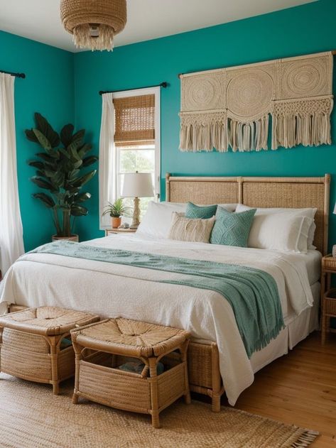 Add a boho twist to your bedroom by painting an accent wall with a bold and vibrant color. Complete the look with macrame wall hangings, a wicker chair, and some indoor plants for a bohemian oasis. Modern Mexican Bedroom, Boho Accent Wall, Painting An Accent Wall, Mexican Bedroom, Blue Bedroom Design, Blue Accent Walls, Accent Wall Paint, Modern Mexican, Relaxing Bedroom