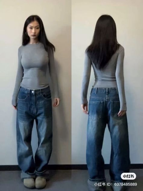 Midaxi Dress Outfit, Dark Jean Outfit, Upside Down Triangle Body Shape Outfits, Short Torso Long Legs Outfits, Blue And Grey Outfit, Dark Blue Baggy Jeans, Dark Blue Jeans Outfit, Grey Jeans Outfit, Blue Baggy Jeans