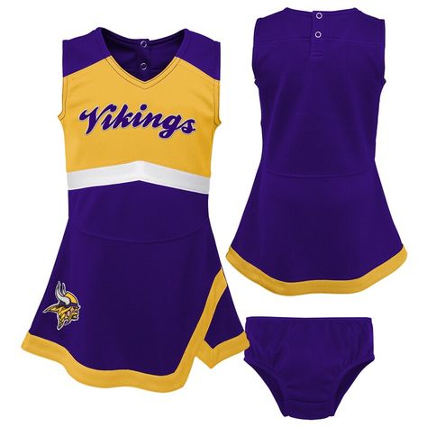 Being a devout Minnesota Vikings fan is a tradition in your family. Make sure your youngster continues the trend when you get this Cheer Captain jumper dress. The authentic team colors and eye-catching Minnesota Vikings graphics adorning this piece will put your kiddo's pride on display all season as your family roots for the squad! Vikings Cheerleaders, Cheer Dress, Kansas City Chiefs Apparel, Chief Clothes, Cheer Captain, Viking Dress, Red Two Piece, Viking Designs, Cheerleading Outfits