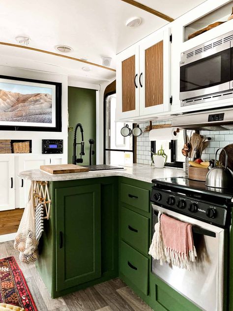 Install Tic Tac Tiles as a kitchen back-splash. Green Cabinets In Camper, Camper Makeover Green Cabinets, Sage Green Rv Cabinets, Painted Rv Interior, Rv Kitchen Cabinet Color Ideas, Camper Cabinet Color Ideas, Painted Rv Cabinets, Green Rv Kitchen, Colorful Camper Remodel