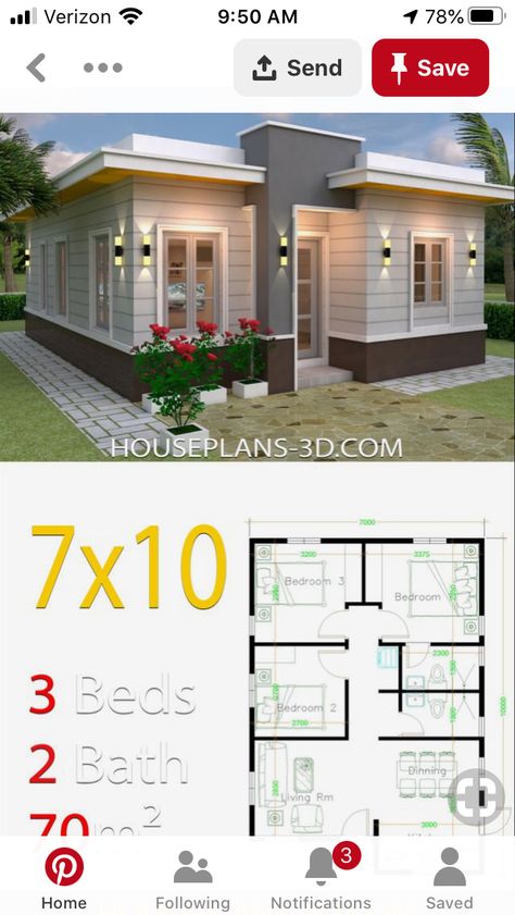 7m X 10m House Plan, Construction Plans Architecture, 2bed 2bath House Plans, 2 Bedroom House Design, Small House Blueprints, Small Modern House, Small Modern House Plans, Affordable House Plans, Small House Layout