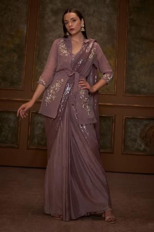 Shop for Suruchi Parakh Brown Georgette Pre-draped Saree Set With Jacket for Women Online at Aza Fashions Drape Saree With Jacket, Jacket On Saree, Sarees With Jackets, Indowestern Saree Draping, Sari With Jacket, Saree With Jacket, Jacket Saree, Indowestern Saree, Organza Sharara