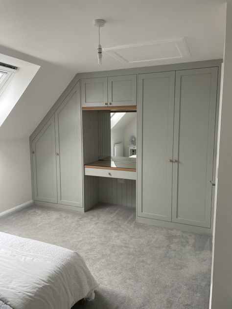 Loft Bedroom Wardrobe Ideas, Vanity In Loft, Fitted Wardrobe Sloped Ceiling, Dormer Bedroom Ideas Sloped Ceiling, Wardrobe Design Slanted Roof, Built In Closet Slanted Roof, Diy Built In Wardrobe Sloped Ceiling, Attic Room Ideas Slanted Walls, Built In Wardrobe Slanted Roof