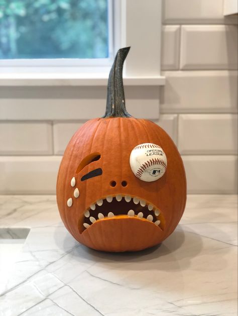 Wicked Pumpkin Carving Ideas, Baseball Dugout Halloween Decorations, Baseball Halloween Decorations, Pumpkin With Toothpick Teeth, Softball Pumpkin Smash Ideas, Softball Pumpkin Carving Ideas, Basketball Pumpkin, Softball Pumpkin Ideas, Pumpkin Carving Ideas Baseball