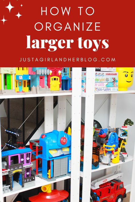 Playroom Storage For Large Toys, Big Toys Storage Ideas, Toys Rack Storage Ideas, Storage For Paw Patrol Toys, Car Track Toy Storage, Storing Large Toys In Playroom, Organizing Big Toys Small Spaces, Organizing Big Toy Trucks, Large Playset Storage