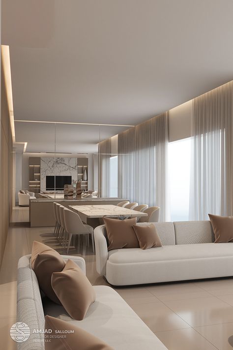 Living With Dinning Room Designs, Dubai Interior Design Living Rooms, Dubai Home Decor, Dubai Homes Interior Design, Latest Living Room Designs Modern, Classy Living Room Luxury, Dinning Room And Living Room Together, Modern Classy Living Room, Dubai Living Room