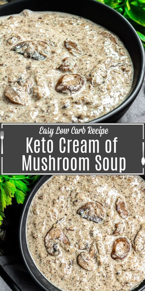 This easy homemade Keto Cream of Mushroom Soup recipe is made with fresh mushrooms and heavy cream. It is the best low carb substitute for condensed cream of mushroom soup. Perfect for adding to classic comfort food recipes like green bean casserole. #keto #ketodiet #lowcarbrecipes #lowcarb #mushrooms #ketorecipes Low Carb Cream Of Mushroom Soup Recipes, Soups With Cream Of Mushroom, Keto Recipes With Heavy Cream, Green Bean Casserole Keto, Keto Cream Of Mushroom Soup, Keto Cream Of Mushroom, Condensed Cream Of Mushroom Soup, Ketone Recipes, Buffalo Chicken Soup