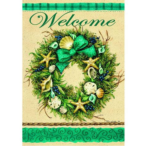 Coastal Wreath Welcome Double Sided House Flag Tropical Christmas Cards, Garden Flags Ideas, Christmas Decor Outdoor, Shark Christmas, Coastal Wreath, Winter Holiday Decorations, Beachy Christmas, Stella Marina, Small Flags