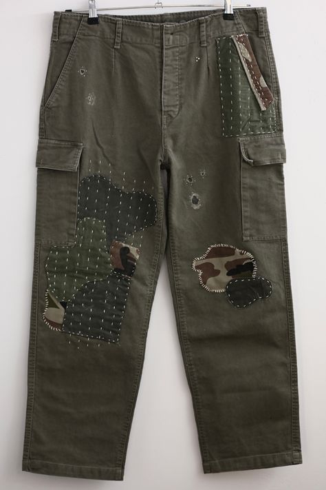 Patched Cargo Pants, Patchwork Pants Outfit Men, Sashiko Pants, Diy Cargo Pants, Custom Pants Ideas, Custom Cargo Pants, Patch Work Pants, Reworked Pants, Patched Shirt