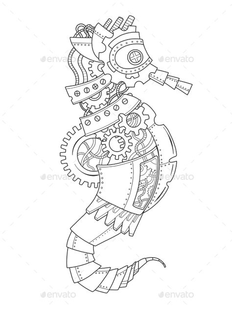 Steampunk style sea horse. Mechanical animal. Coloring book vector illustration. Steampunk Art Drawing, Steampunk Drawing, Steampunk Coloring, Horse Coloring Books, Steampunk Tattoo, Steampunk Animals, Mechanical Animals, Book Vector, Steampunk Crafts