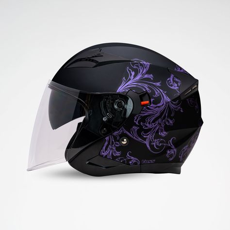 Shop the Voss 310 Tucson Matte Purple Eden Series 🔥🔥 Experience both style and safety with the Voss 310 Tucson Purple Eden helmet. Featuring a unique purple vine design on a sleek black shell, this open-face helmet comes equipped with an internal and external visor and ratchet quick release for added convenience. Lightweight and comfortable, it's perfect for any rider. Matte Design Thermoplastic injection molded ABS shell High speed exterior visor (available in different colors) High speed int Neon Motorcycle Helmet, Purple Motorcycle Helmet, Moped Helmet, Vespa Helmet, Purple Helmet, Purple Motorcycle, Open Face Motorcycle Helmets, Womens Motorcycle Helmets, Biker Helmets