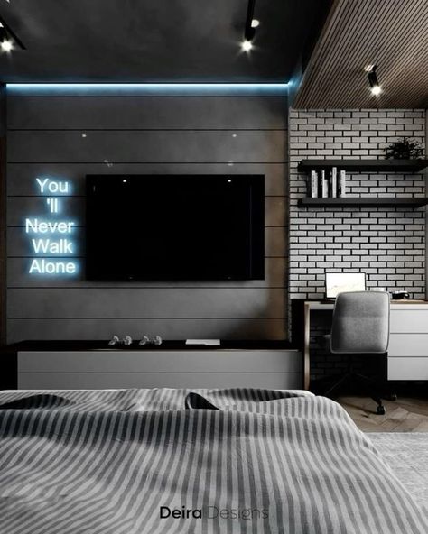 Boys Bedroom Tv Wall, Boys Bedroom Ideas Teenagers, Older Boys Bedrooms, Modern Boys Bedroom, Bedroom Design Modern, Tumblr Room Decor, Mens Bedroom Decor, Teenager Bedroom Boy, Snug Room