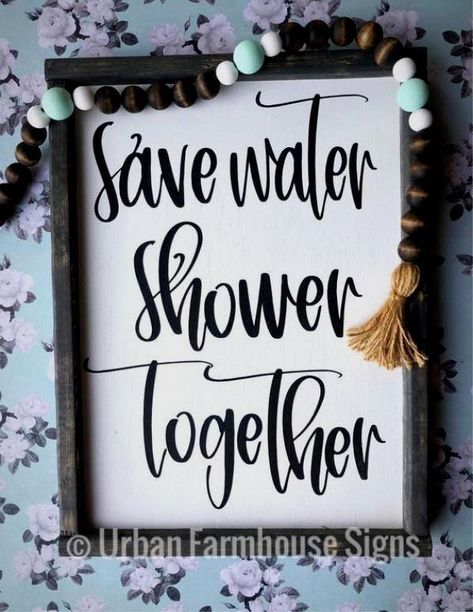 “save water shower together” handmade sign. The frame is stained and the sign is a white background with black lettering. This sign measures approx. 12x16. This sign includes your choice of stain color for the frames. (Frame color pictured is Carbon Gray). Please see image of additional frame colors to choose from. All signs are handmade and hand distressed, therefore, no 2 signs are the same. Why choose Urban Farmhouse Signs?? We love what we do and love Save Water Shower Together, Shower Together, Farmhouse Side Table, Urban Farmhouse, Cute Dorm Rooms, Handmade Sign, Shabby Chic Vintage, Baby Shower Decor, Farmhouse Style Kitchen