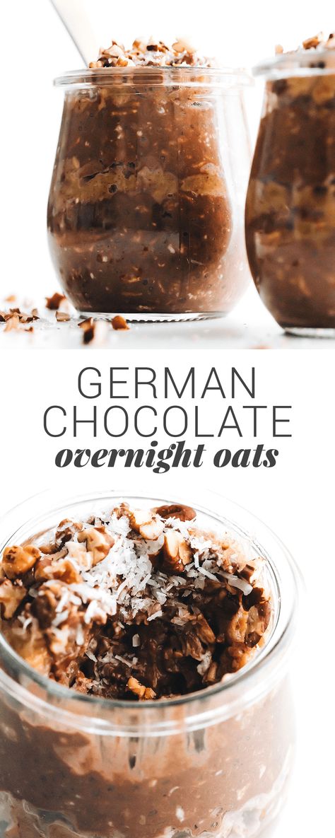 German chocolate cake for breakfast! Decadent dark chocolate overnight oats layered with gooey Medjool date caramel + pecans + coconut. Easy, healthy, YUM! Overnite Oats, Oatmeal Overnight, Caramel Pecans, Chia Puddings, Breakfast Overnight, Feasting On Fruit, Best Overnight Oats Recipe, Quick Breakfasts, Date Caramel