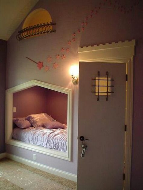 Built into the wall bed (the door leads to a ladder in the closet which leads to a reading nook balcony above the bed). Design Ložnic, Bed Nook, Reading Space, Balcony Window, Small Bedroom Designs, A Ladder, The Balcony, The Closet, My New Room