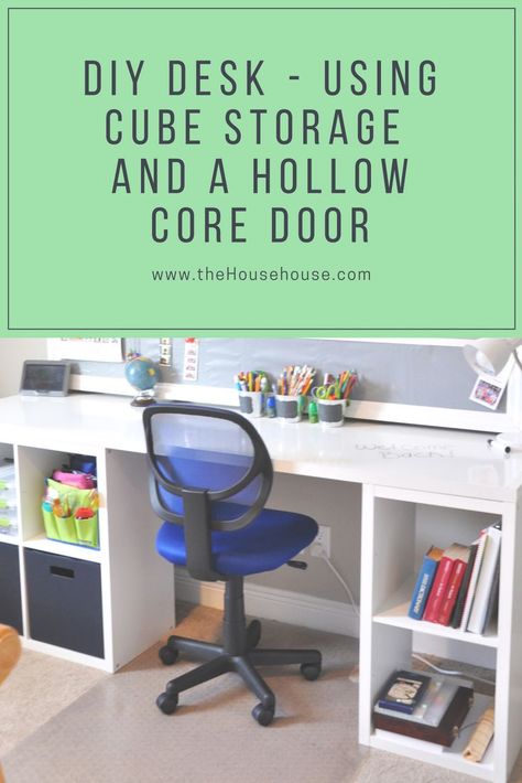 See how we made this easy desk on a budget using a hollow core door and some simple cube storage.  #diydesk #diyeasydesk #hollowdoor #diykidsdesk Cubby Hole Desk Ideas, Cube Bookshelf Desk, Desk Out Of Cube Storage, Diy Cube Desk, Door Desk Diy, Cube Shelf Desk, Storage Cube Desk, Cube Storage Desk, Cheap Diy Desk