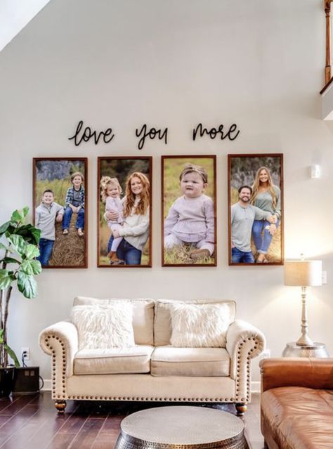 Large Canvas Photo Wall Ideas Living Rooms, Living Room Picture Decor, Family Picture Display Ideas Living Room, Boho Family Picture Wall, Wall Picture Collage Ideas Living Rooms Display Canvas Photos, Large Family Photos On Wall, Wall Picture Collage Ideas Living Rooms Couch Family Photos, Living Room With Family Pictures, Canvas Pictures On Wall Living Room