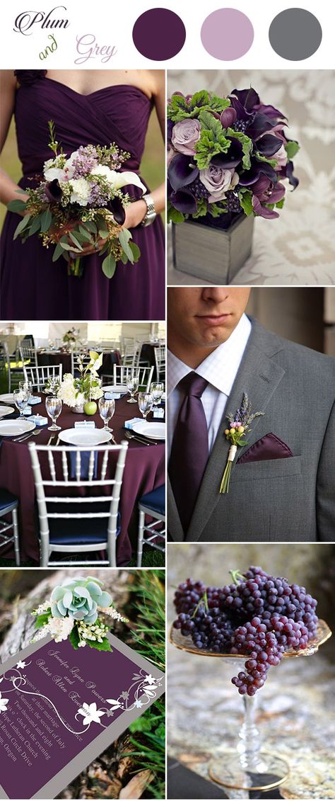 plum,greenery and grey wedding color palette ideas Plum Wedding Colors, Wedding Color Schemes Purple, Plum Purple Wedding, Wedding Color Palette Ideas, Gray Wedding Colors, Purple And Green Wedding, Wedding Color Palettes, Plum Wedding, Wedding Color Combos