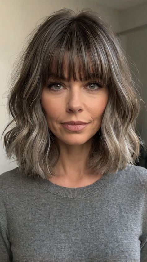 medium length gray hairstyles with bangs Shoulder Length Grey Hair With Bangs, Grey Bob With Bangs, Bob With Full Bangs, Gray Hairstyles With Bangs, Medium Ash Brown Hair, Gray Bob, Bangs Medium Length, Medium Length Hairdos, Grey Hair With Bangs