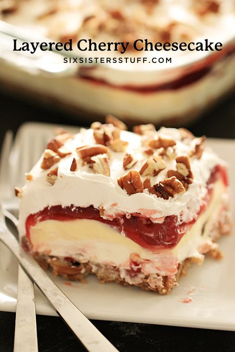 Layered Cherry Cheesecake Lush Dessert Recipe Cherry Torte Recipe, Layered Cherry Cheesecake, Cheesecake Lush Dessert, Cherry Cheesecake Lush, Layered Deserts, Cheesecake Lush, Cherry Cream Cheese, Lush Dessert, Cherry Cheesecake Recipe