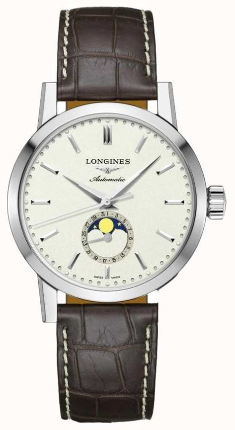 Longines Watch Men, Moonphase Watch, Rolex Cellini, Longines Watch, Leather Strap Watch, Luxury Watches For Men, Watch Movement, Moon Phases, Automatic Watch