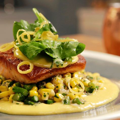 Seared Salmon with a Corn and Asparagus Succotash, Creamy Corn Sauce, Lemon Confit and Pea Tendrils Salmon Dishes Fine Dining, Fish Plating, Lemon Confit, Corn Sauce, Pea Tendrils, Fine Dining Food, Molecular Food, Fish Board, Sweet Corn Soup