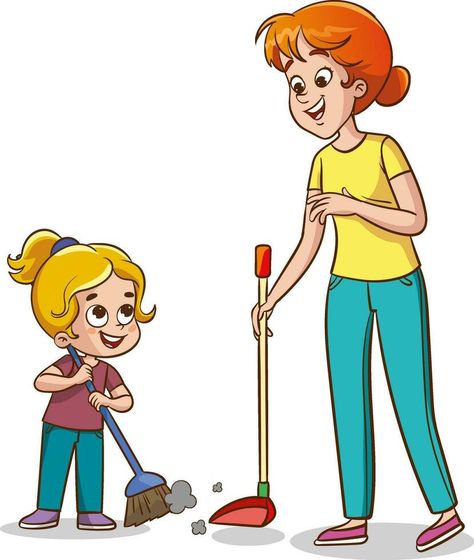 Family housework. Parents and kids clean up house cartooon vector Cleaning Cartoon, Flower Border Clipart, Alphabet Worksheets Kindergarten, School Illustration, Kids Cleaning, Cartoon Posters, Up House, Kids Clipart, Clip Art Borders