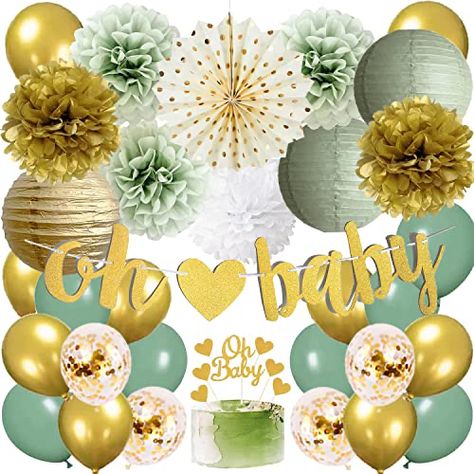 Green Baby Shower Decorations, Baby Shower Verde, Sage Green Baby Shower, Gold Baby Shower Decorations, Paper Fan Decorations, Peach Baby Shower, Pink Party Decorations, Tissue Pom Poms, Green Baby Shower