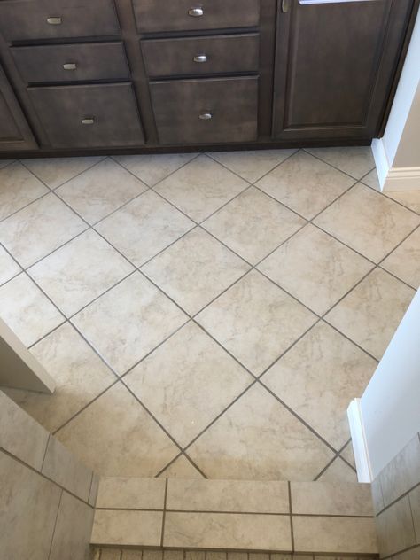 Floor Tile: Arena Fawn, 12x12, Install: Diamond Pattern, Grout: #183 Chateau Diamond Tile Pattern Floor, Diamond Pattern Tile Floor, Tile Layout Patterns, Diamond Tile Pattern, Eclectic Wallpaper, Cape Coast, Tile Layout, Living Room Furniture Layout, Brown Bathroom