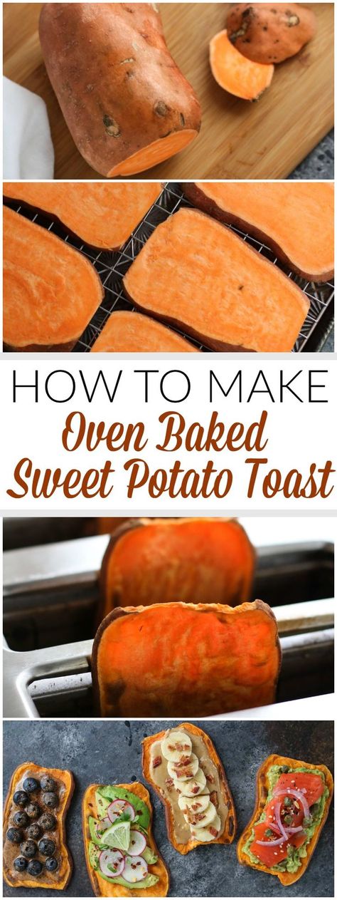 A step-by-step photo tutorial showing how to make oven baked Sweet Potato Toast. A big-batch method for sweet potato toast that's perfect for weekend meal preps. Oven Baked Sweet Potato, Yummy Bowl, Weekend Meal Prep, Potato Toast, Sweet Potato Toast, Baked Sweet Potato, Sweet Potato Recipes, Diet Keto, Whole 30 Recipes