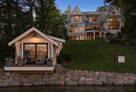 EXTERIOR -- SAME DEAL - GREAY AND WHITE with black windows white trim Boat House Exterior, Fire Pit Gallery, Fire Pit Decor, Fire Pit Materials, Rustic Fire Pits, Fire Pit Chairs, Fire Pit Furniture, Craftsman Exterior, Fire Pit Ideas