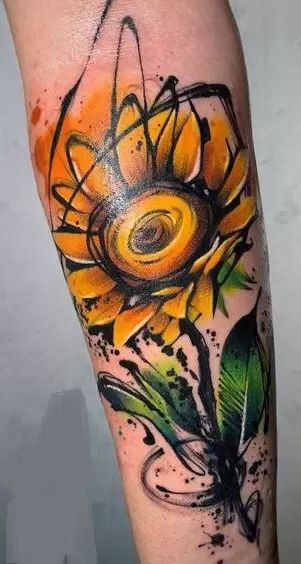 Sketch Tattoos: Origins, Tattoo Designs & Ideas Watercolor Sunflower Tattoo, Sunflower Tattoo Meaning, Sunflower Tattoo Thigh, Sunflower Tattoo Sleeve, Sunflower Tattoo Shoulder, 12 Tattoos, Tattoo Placements, Model Tattoo, Watercolor Tattoo Flower