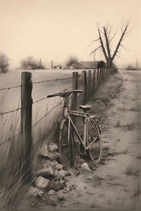 Hand painted vintage bicycle sketch on farm field road fence in vintage and romantic style used for wall decoration Bicycle Sketch, Bicycle Painting, Farm Field, Vintage Bicycle, Moto Bike, Vintage Bicycles, Sketch Art, Romantic Style, Wall Decoration